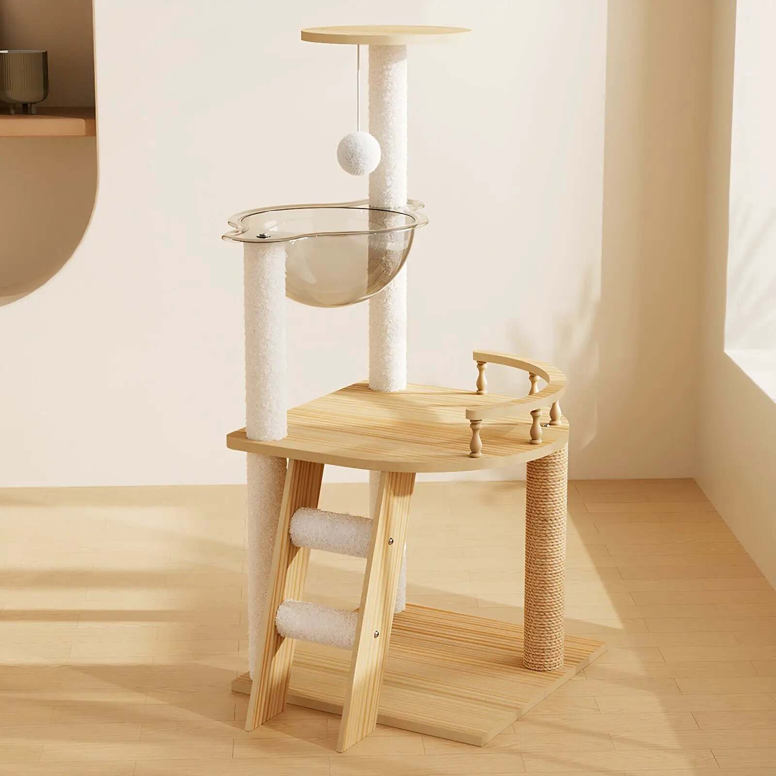 Modern cat tower in natural wood with sisal posts, acrylic hammock, and top perch.