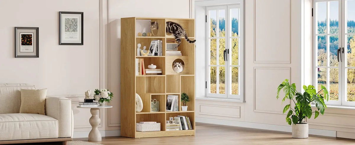 Modern 2-in-1 wooden cat house bookshelf by Sangria Beech; natural beech wood cat tree with cubby shelves