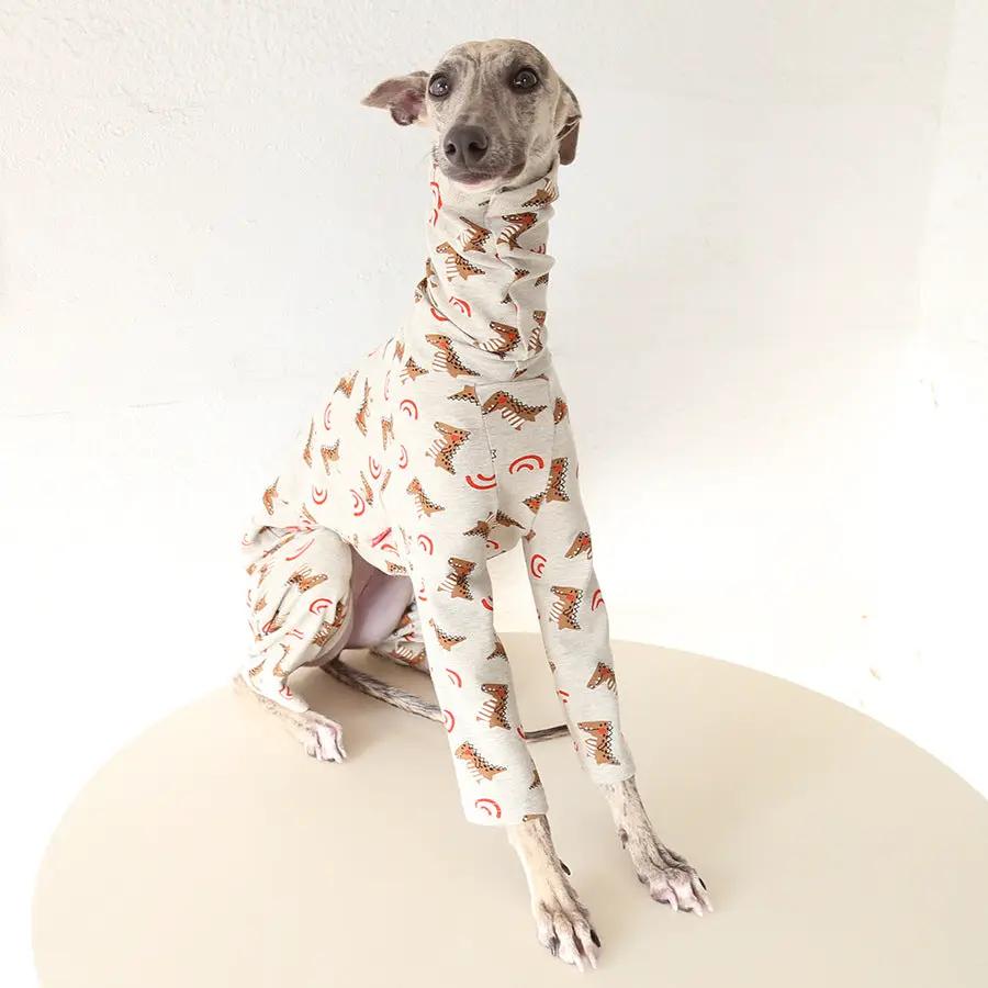 SOCKPET Whippet and Greyhound Dinosaur Cotton Pajamas for dogs, cream with orange dinosaurs