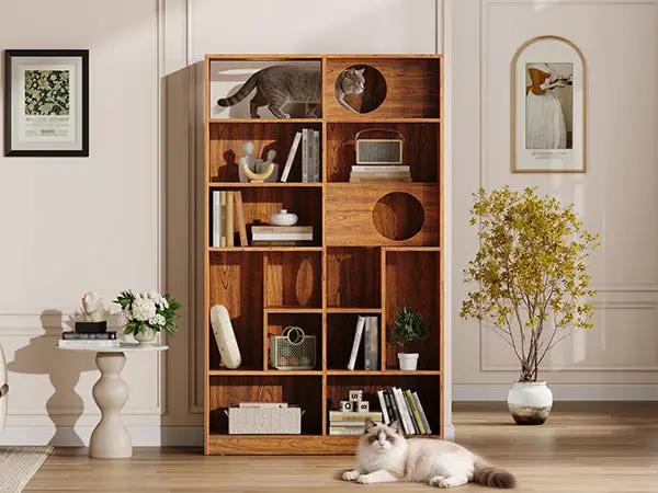 Modern 2-in-1 wooden cat house bookshelf by Sangria Beech with cubby storage and round openings; cat lounging nearby.