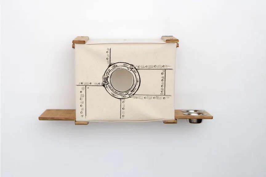 Deluxe Cat Cubby Bed by Catastrophic Creations; beige fabric cube with round porthole and wooden shelves