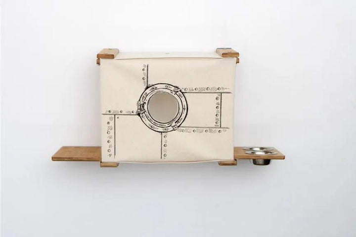 Deluxe Cat Cubby Bed by Catastrophic Creations; beige fabric cube with round porthole and wooden shelves