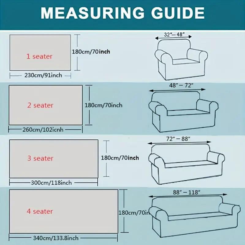 Luxurious Four Seasons Jacquard Slipcover by topspet measuring guide for 1–4 seat sofas; widths 230–340 cm.