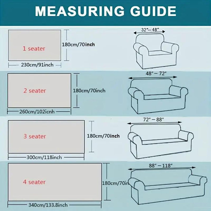 Luxurious Four Seasons Jacquard Slipcover by topspet measuring guide for 1–4 seat sofas; widths 230–340 cm.