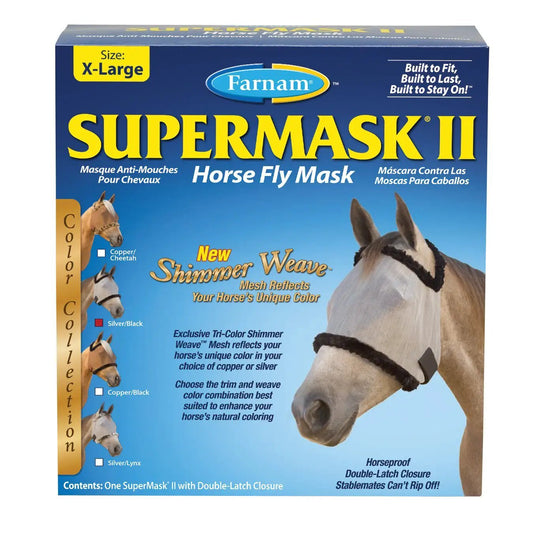 Farnam SuperMask II Shimmer Weave Horse Fly Mask X-Lrg. Size Silver Mesh with Black Trim - from For Animals, With Love