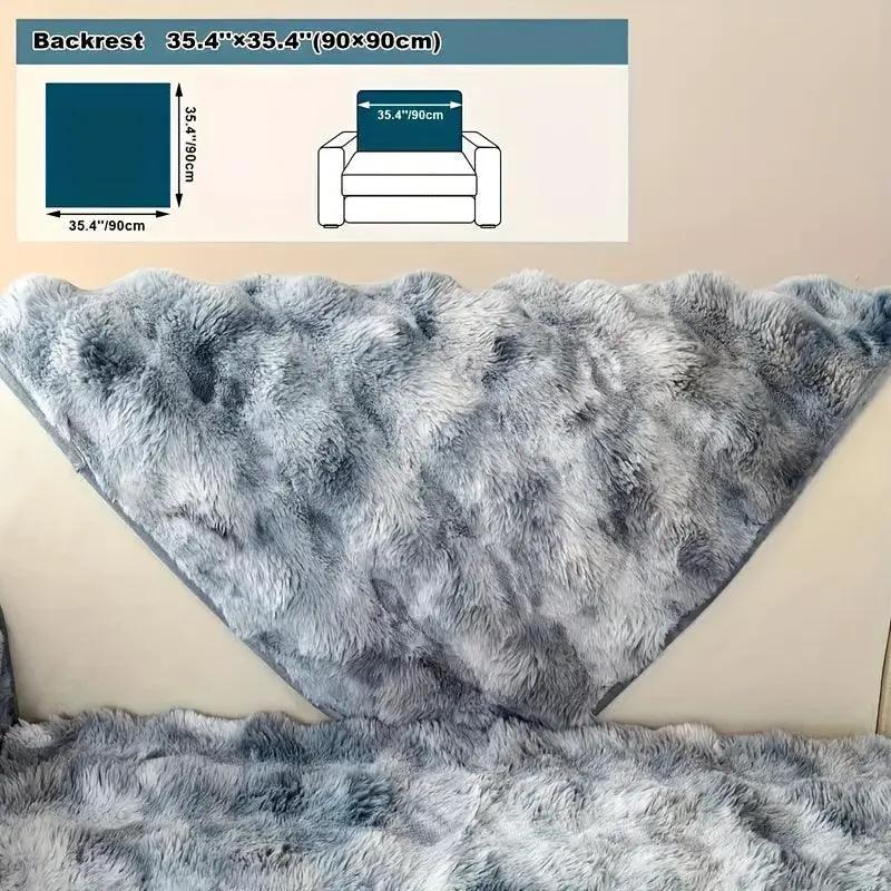 Luxurious Gradient Velvet Sofa Cover in plush gray-blue fur texture draped over a beige sofa.