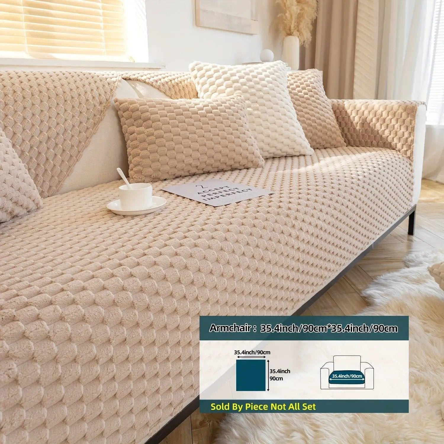 Plush Nordic Sofa Slipcover in beige knit with matching cushions on a beige sofa