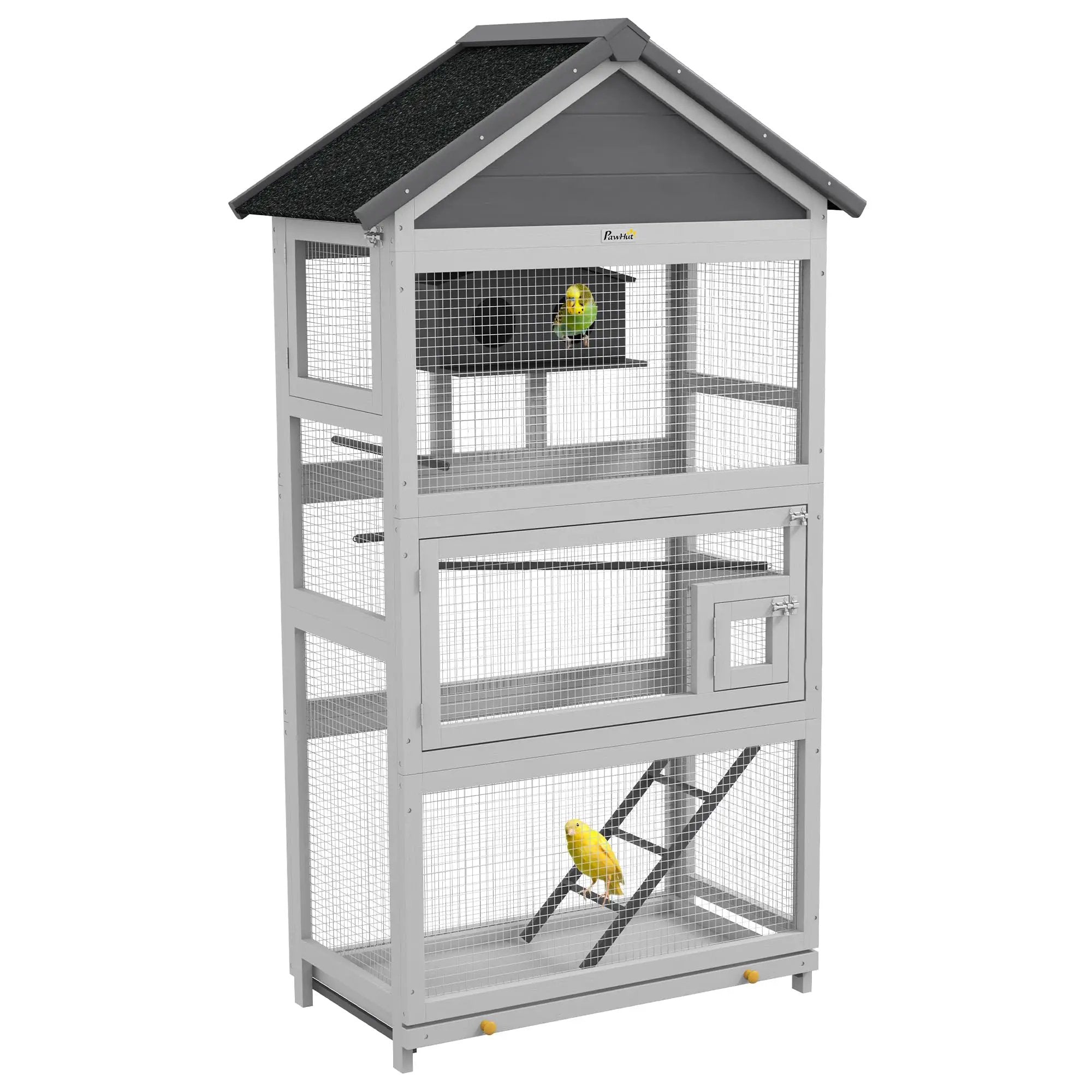 PawHut Wooden Bird Aviary 67" Outdoor Bird Cage with Slide-Out Tray Three Doors Birdhouse Ladder Perches for Finches Parakeets Gray - from For Animals, With Love