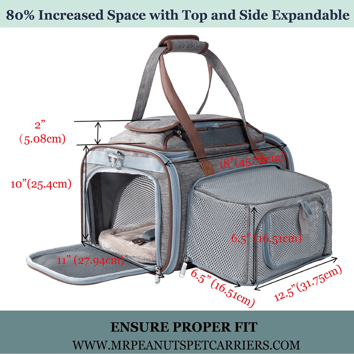 Mr. Peanut's Gold Series expandable pet carrier, gray with brown trim, air travel approved, top and side expansion.