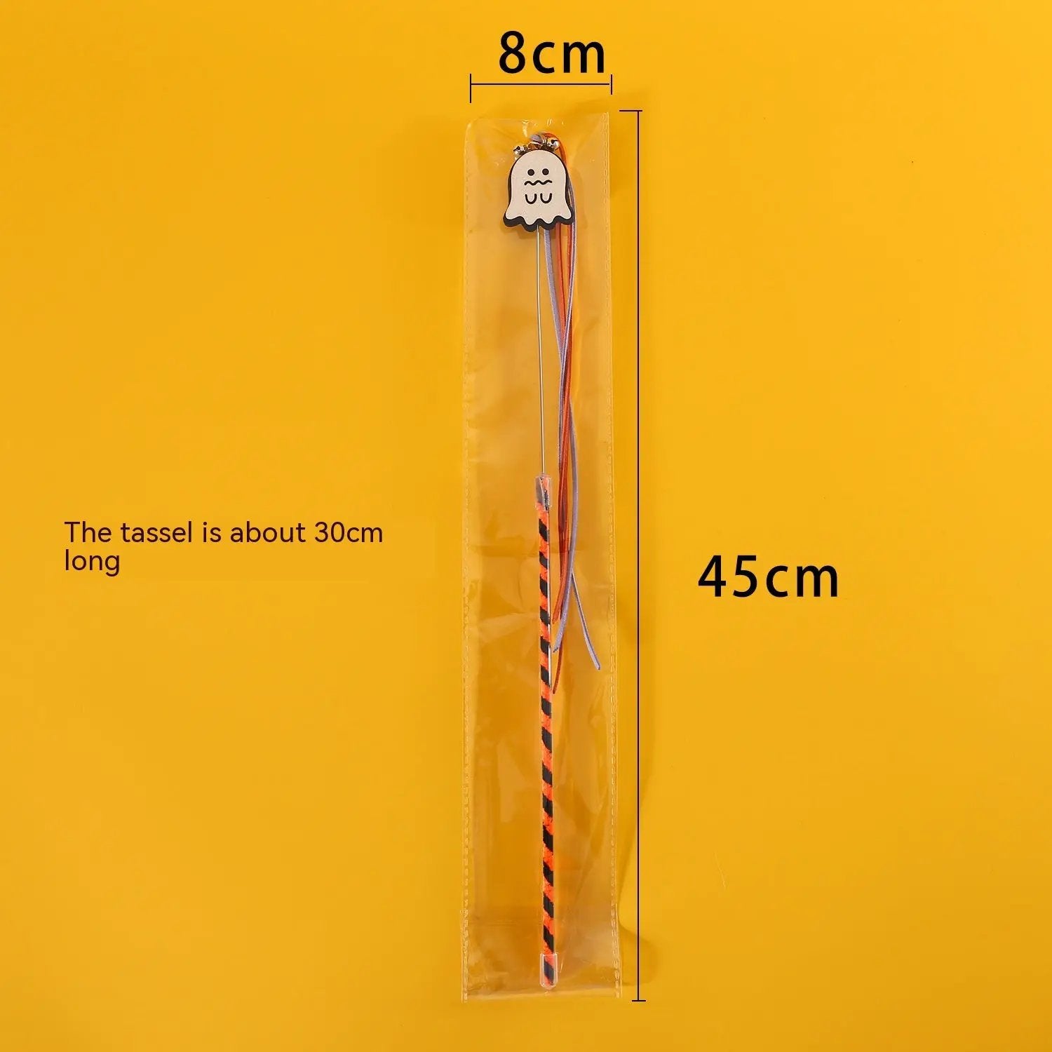 Halloween Cat Teaser Sounding Bell Pet Cat Interactive Toy with a white ghost topper on an orange-black striped wand