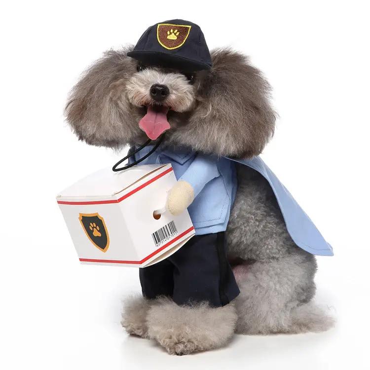 Cosplay dog outfit by Pet Zen; blue cape, police hat, and a white box prop.