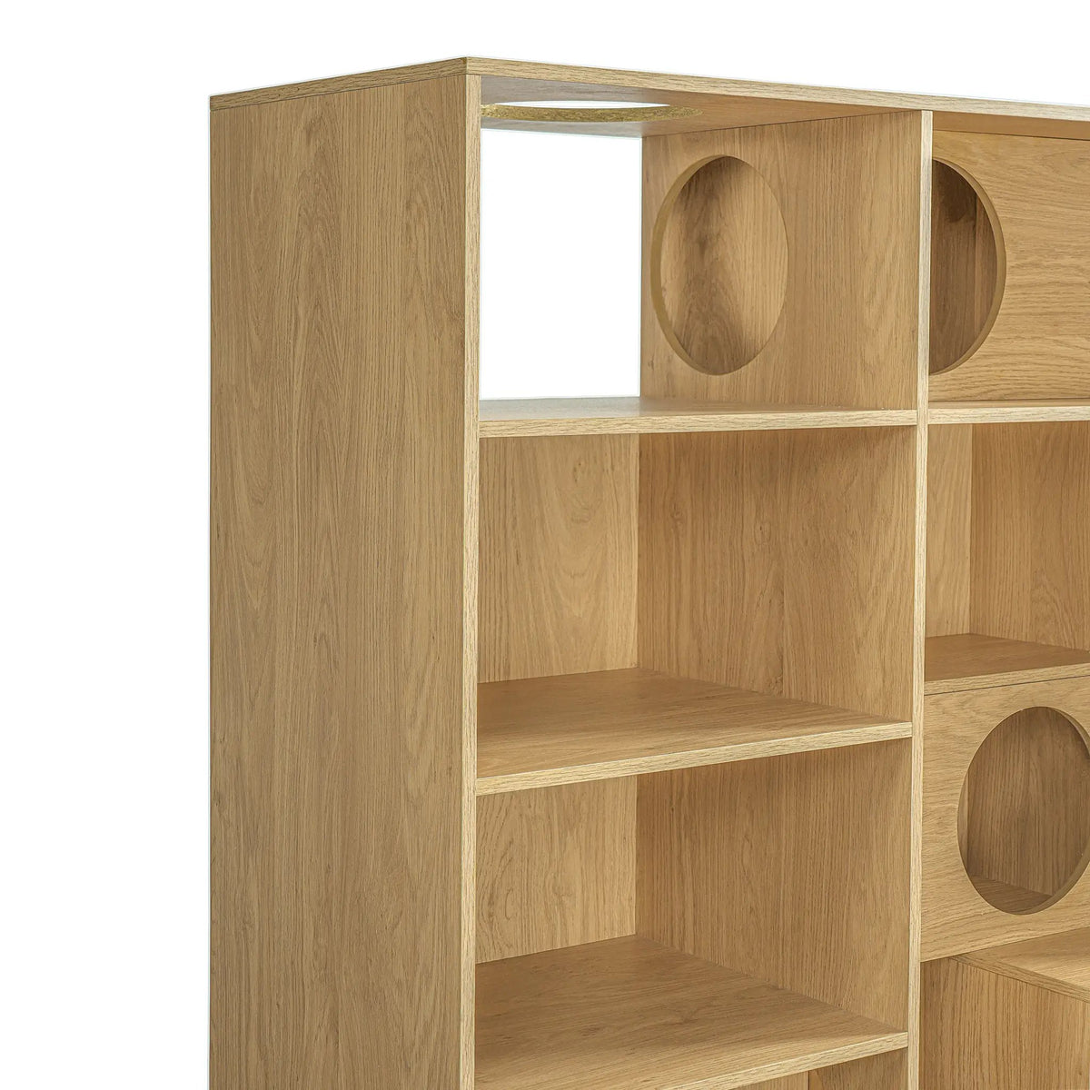 Modern 2-in-1 wooden cat house bookshelf Sangria Beech finish with circular cat holes.
