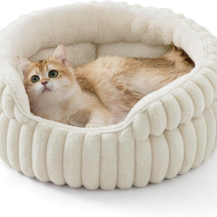 Cat resting in cream plush bolster bed