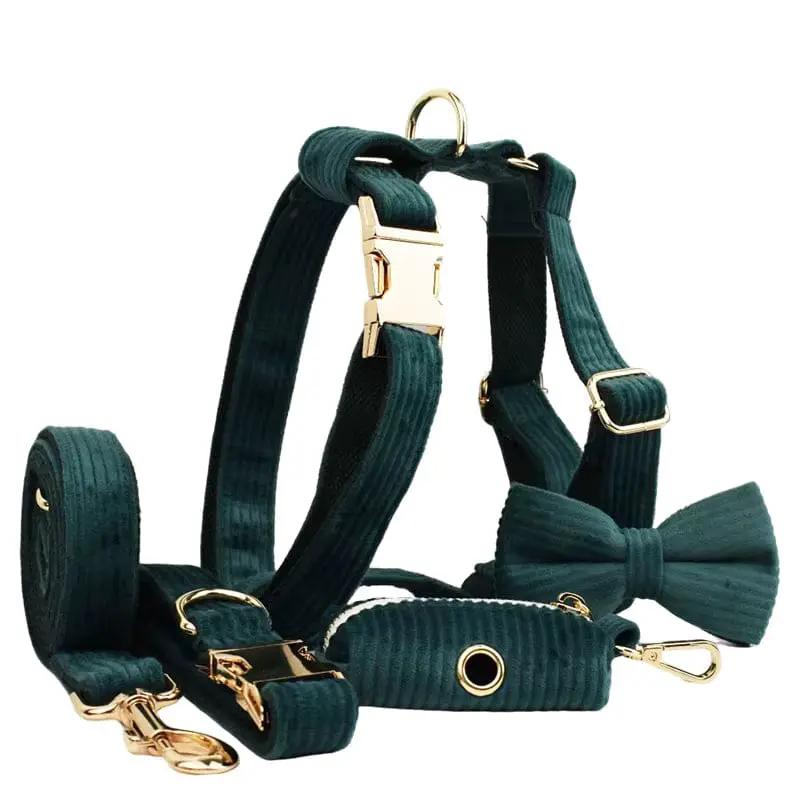 Personalized Dark Green Corduroy Harness Collar Leash No Pull Set by DDPaws
