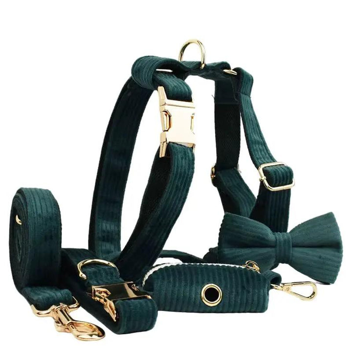 Personalized Dark Green Corduroy Harness Collar Leash No Pull Set by DDPaws