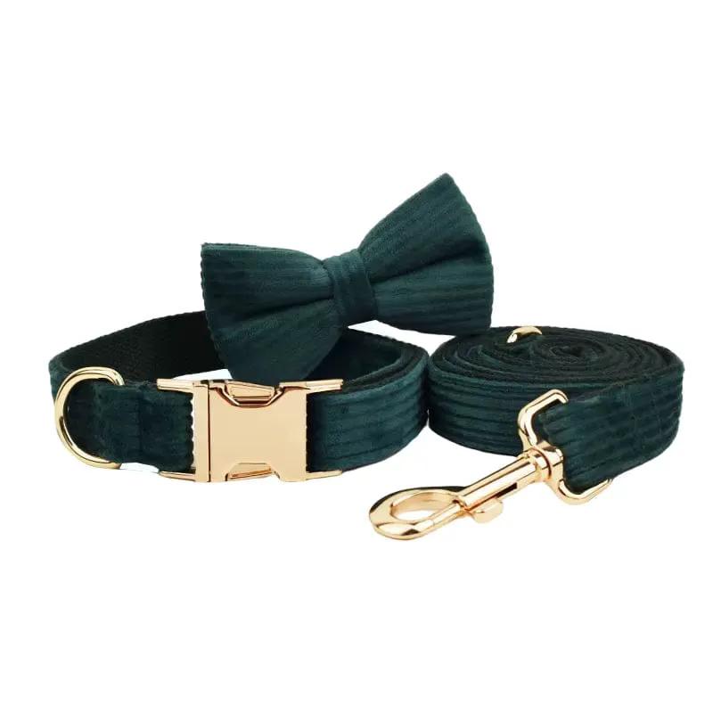 Personalized Dark Green Corduroy Harness Collar Leash No Pull Set by DDPaws