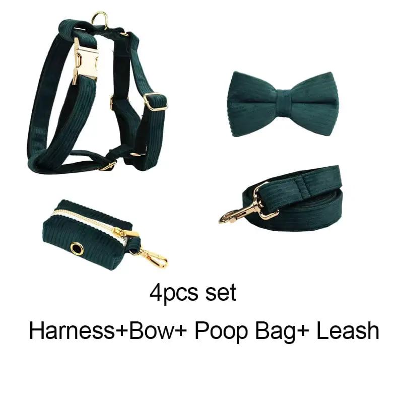 Personalized Dark Green Corduroy Harness Collar Leash No Pull Set by DDPaws