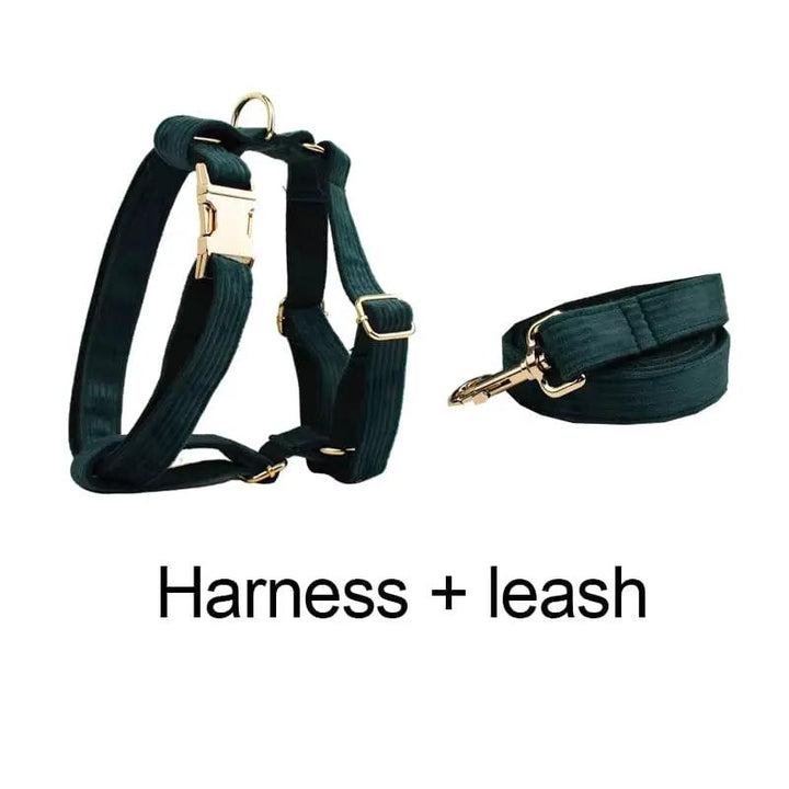 Personalized Dark Green Corduroy Harness Collar Leash No Pull Set by DDPaws