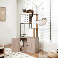 Bild in Galerie-Betrachter laden, Haven Loft Cat Tower with wood-look litter box cabinet, upper hideaway, and cats resting on the top platform and hammock.
