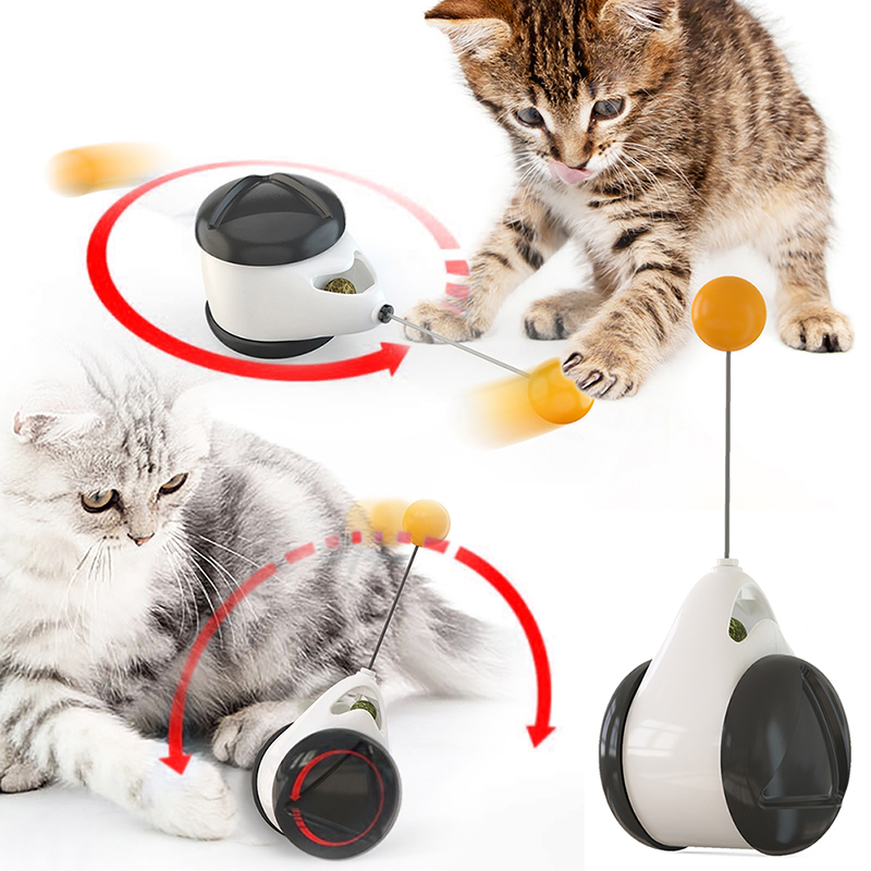Orbit Wobble Cat Toy collage illustrating upright rocking and side-position spinning, with cats batting the ball