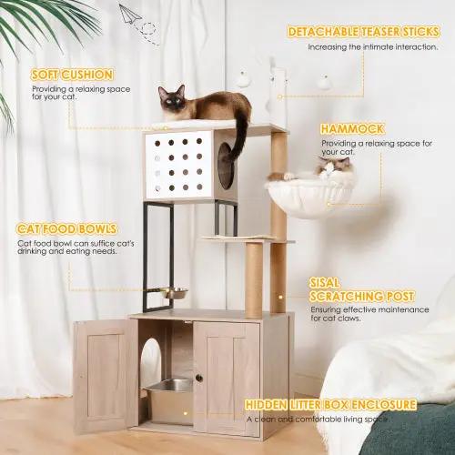 Haven Loft Cat Tower feature graphic showing the upper cushion, hammock, hanging toys, mounted bowl, scratching posts, and lower cabinet.
