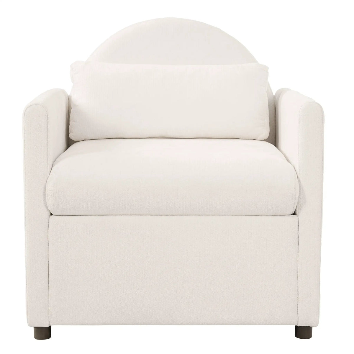 Beige accent chair with hidden pet nook; upholstered fabric, front view
