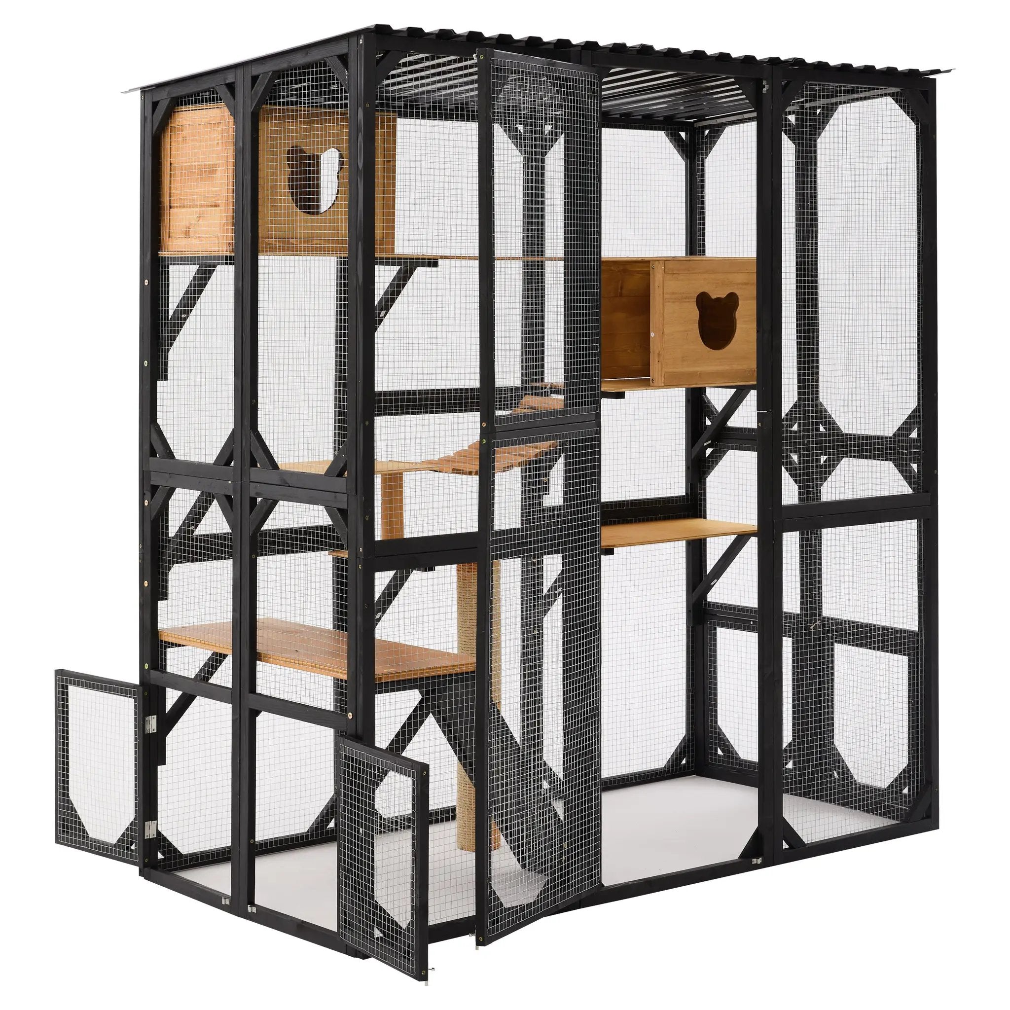 Outdoor cat enclosure in black-brown fir wood with wire mesh and secure doors