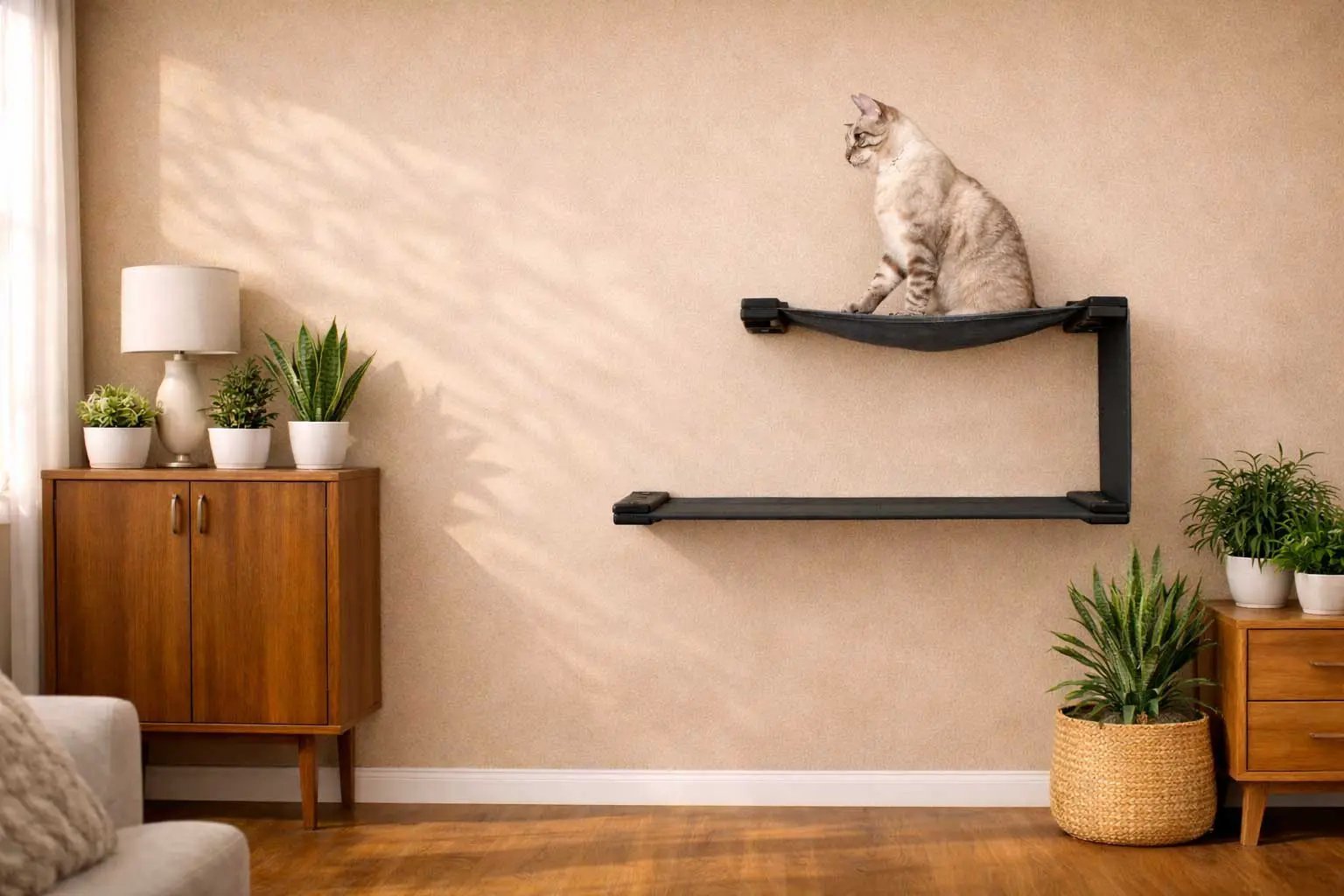 The Double Decker cat hanging bed set, two-tier black metal wall perch with fabric hammock and a cat on top.
