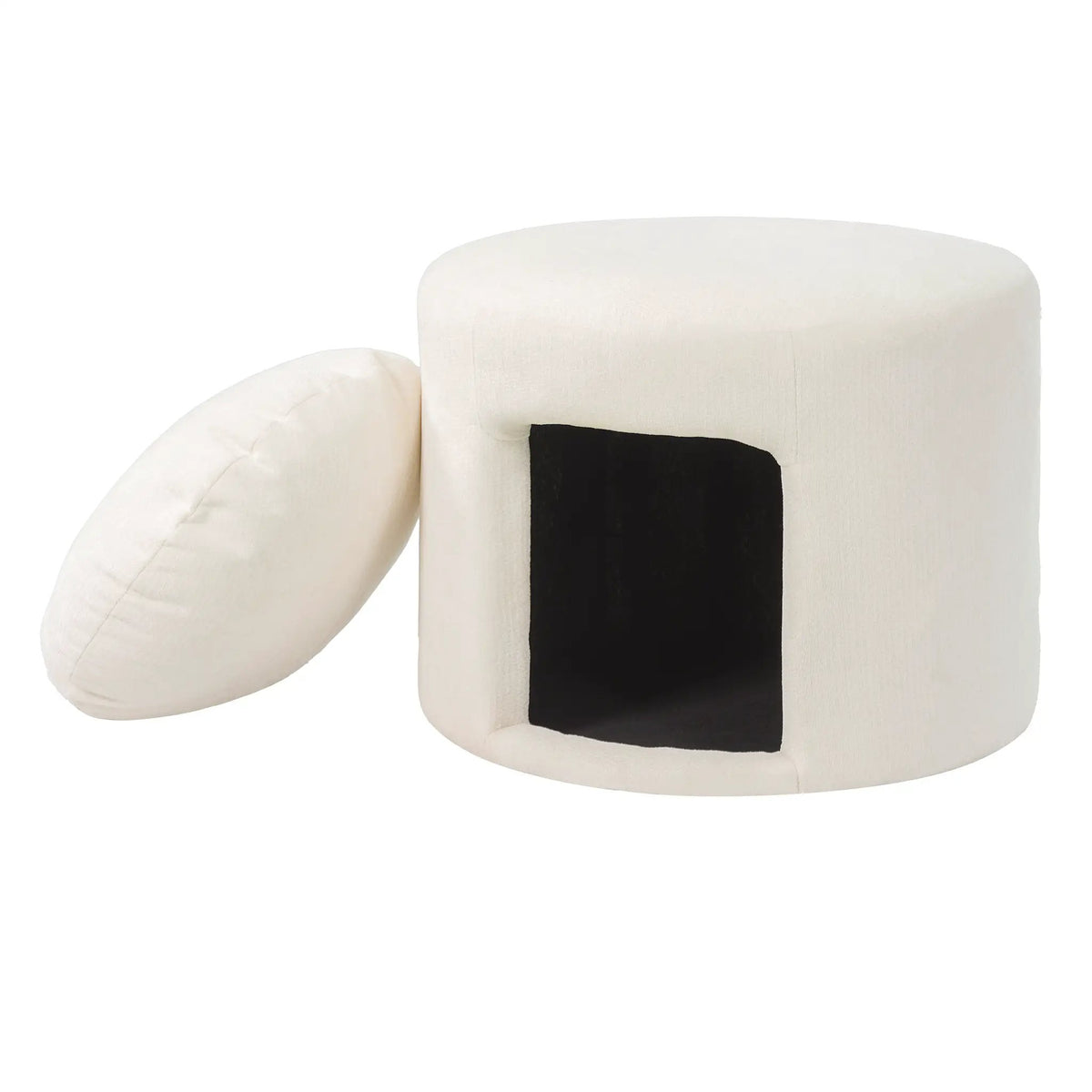 Beige pet-friendly ottoman with removable pet cushion and hidden pet nook