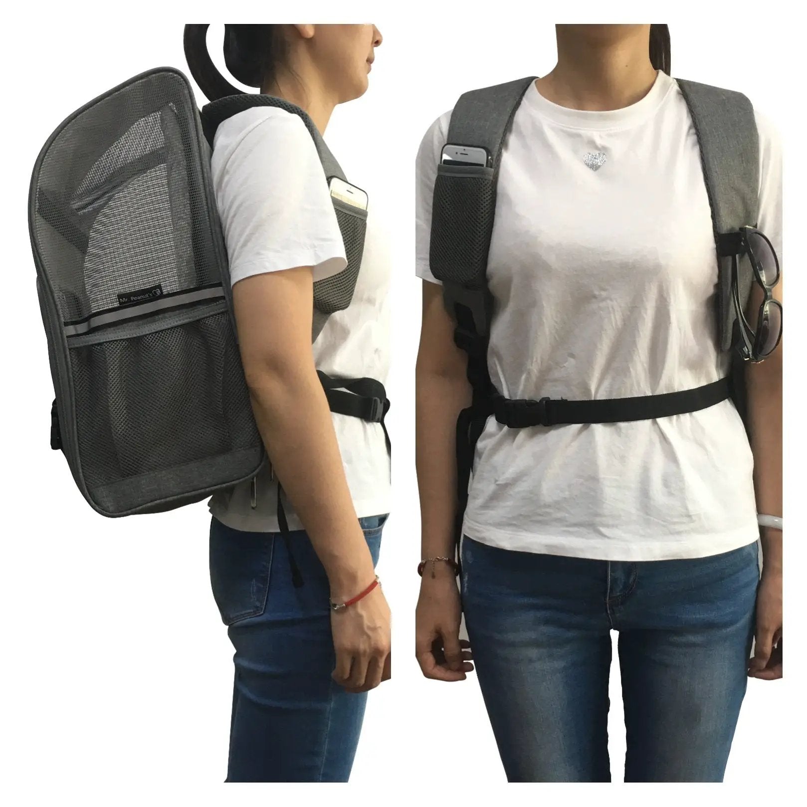 Mr. Peanut's Aspen Series airline-compliant backpack pet carrier; gray mesh backpack shown from both sides.