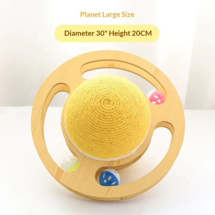 Pet Zen cat toy: wooden ring with spinning yellow sisal scratching ball and three colored balls