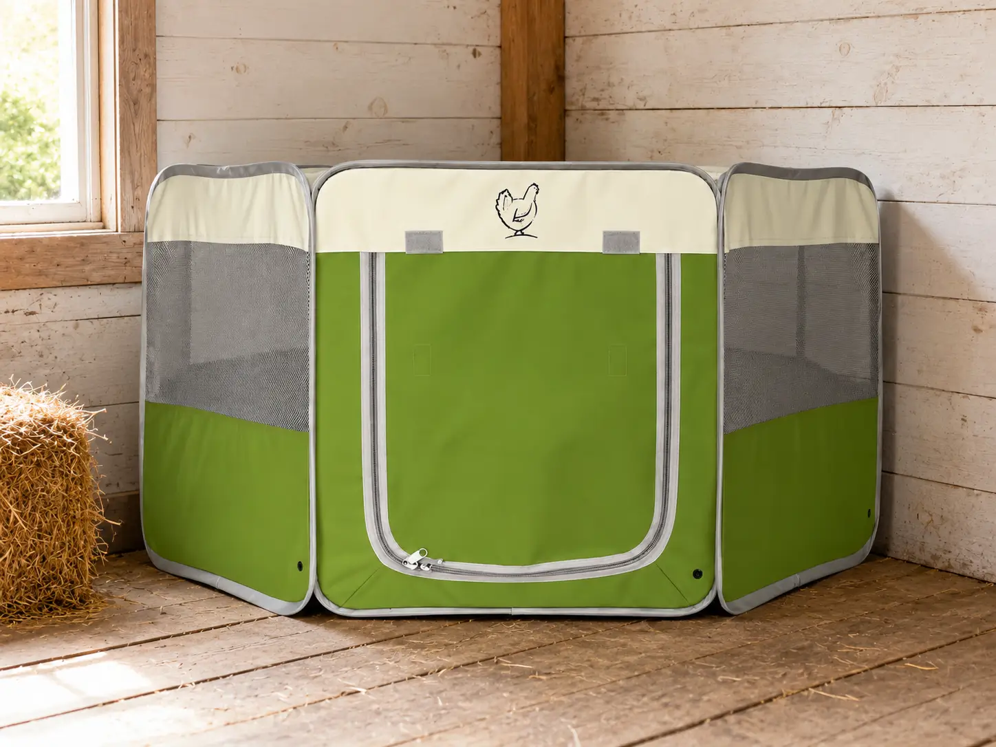 Hen Pen Deluxe Pop-Up Chick Brooder by My Pet Chicken, green and cream fabric with mesh side panels