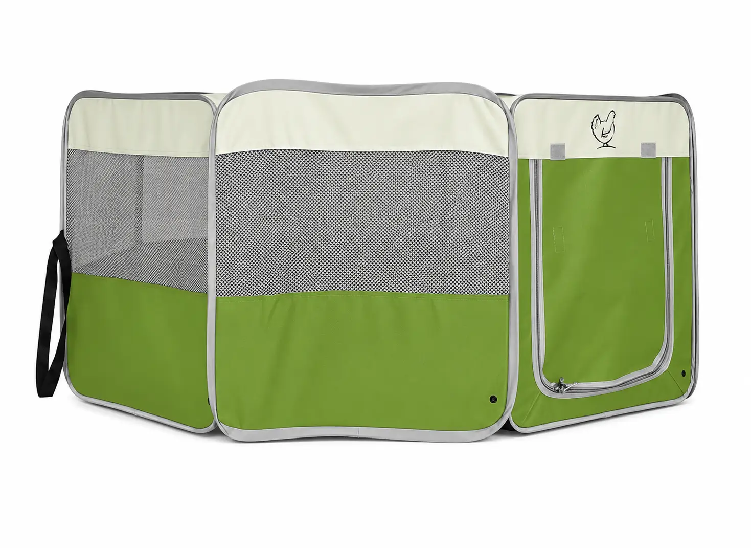 My Pet Chicken Hen Pen Deluxe Pop-Up Chick Brooder, green and cream three-panel baby chick habitat with mesh sides