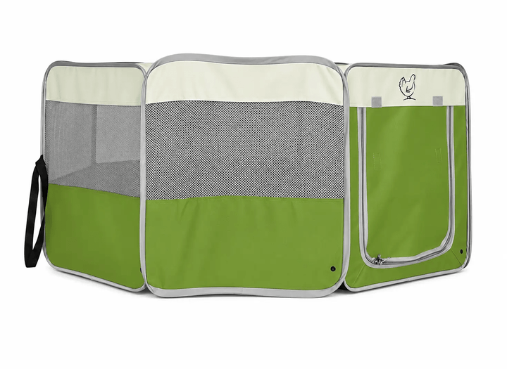 My Pet Chicken Hen Pen Deluxe Pop-Up Chick Brooder, green and cream three-panel baby chick habitat with mesh sides