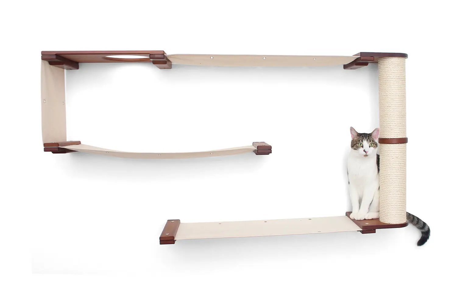 Cat Maze Wall - 3 Tier Cat Tree by Catastrophic Creations; beige fabric, sisal post.