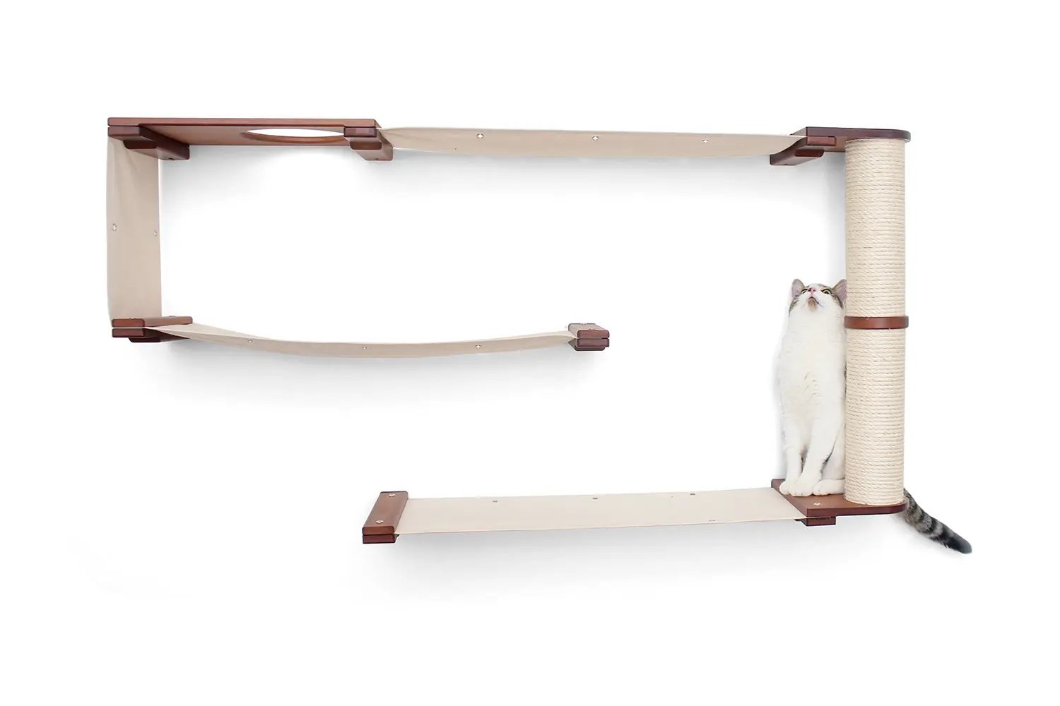 Cat Maze Wall 3-Tier Cat Tree; beige fabric platforms with brown ends and a sisal-wrapped post, cat beside.