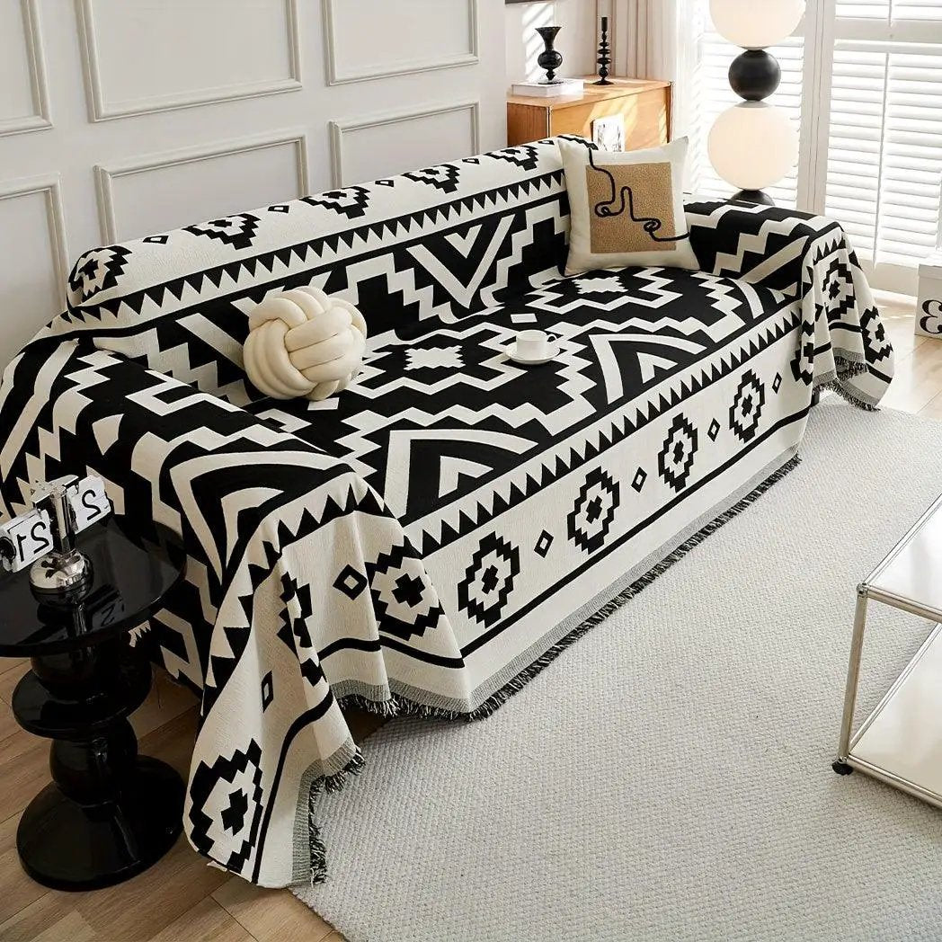 Boho-Chic All-Season Sofa Cover; black-and-white geometric pattern, pet-proof couch protector