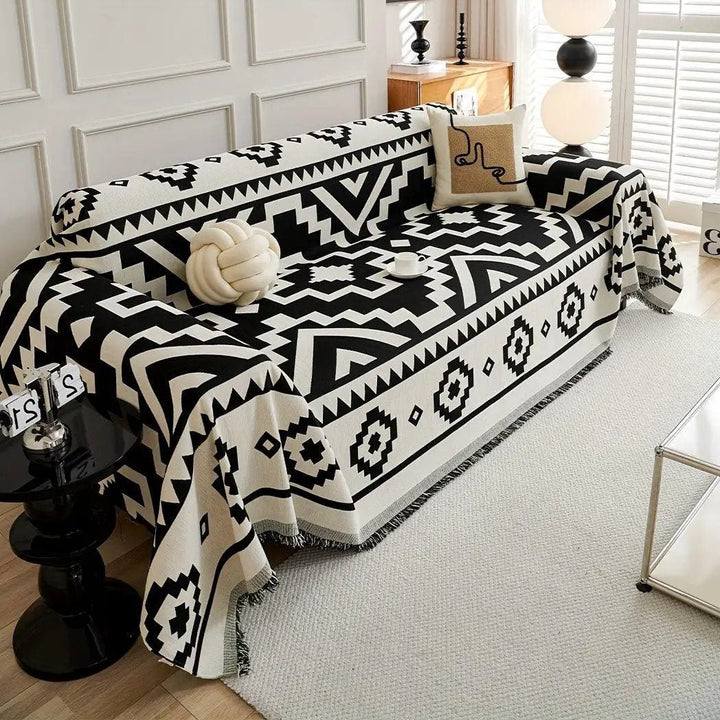 Boho-Chic All-Season Sofa Cover; black-and-white geometric pattern, pet-proof couch protector