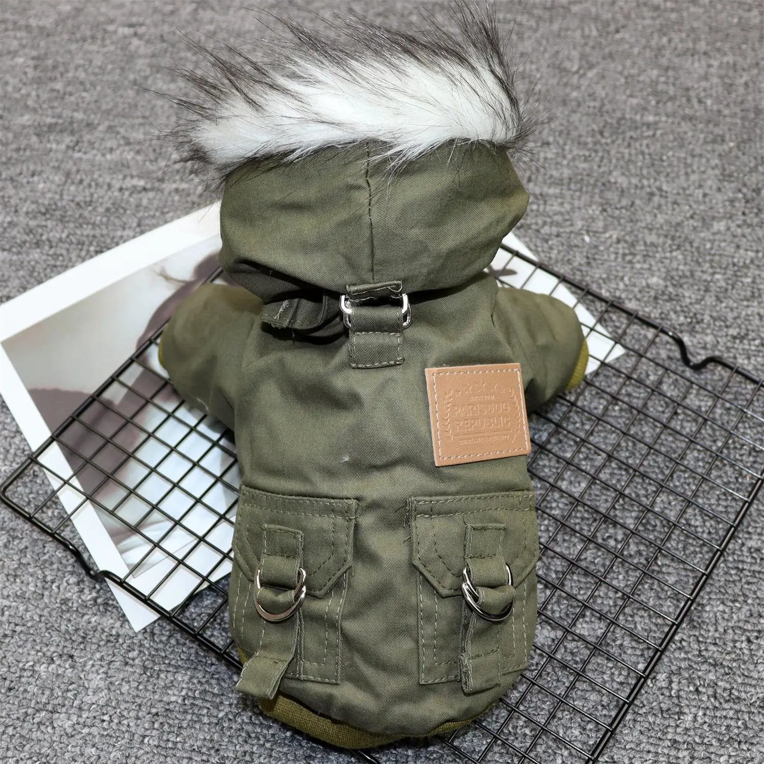 Padded Dog Clothes Padded Coat For Small Dogs in army green with faux fur hood, ideal for cold weather.