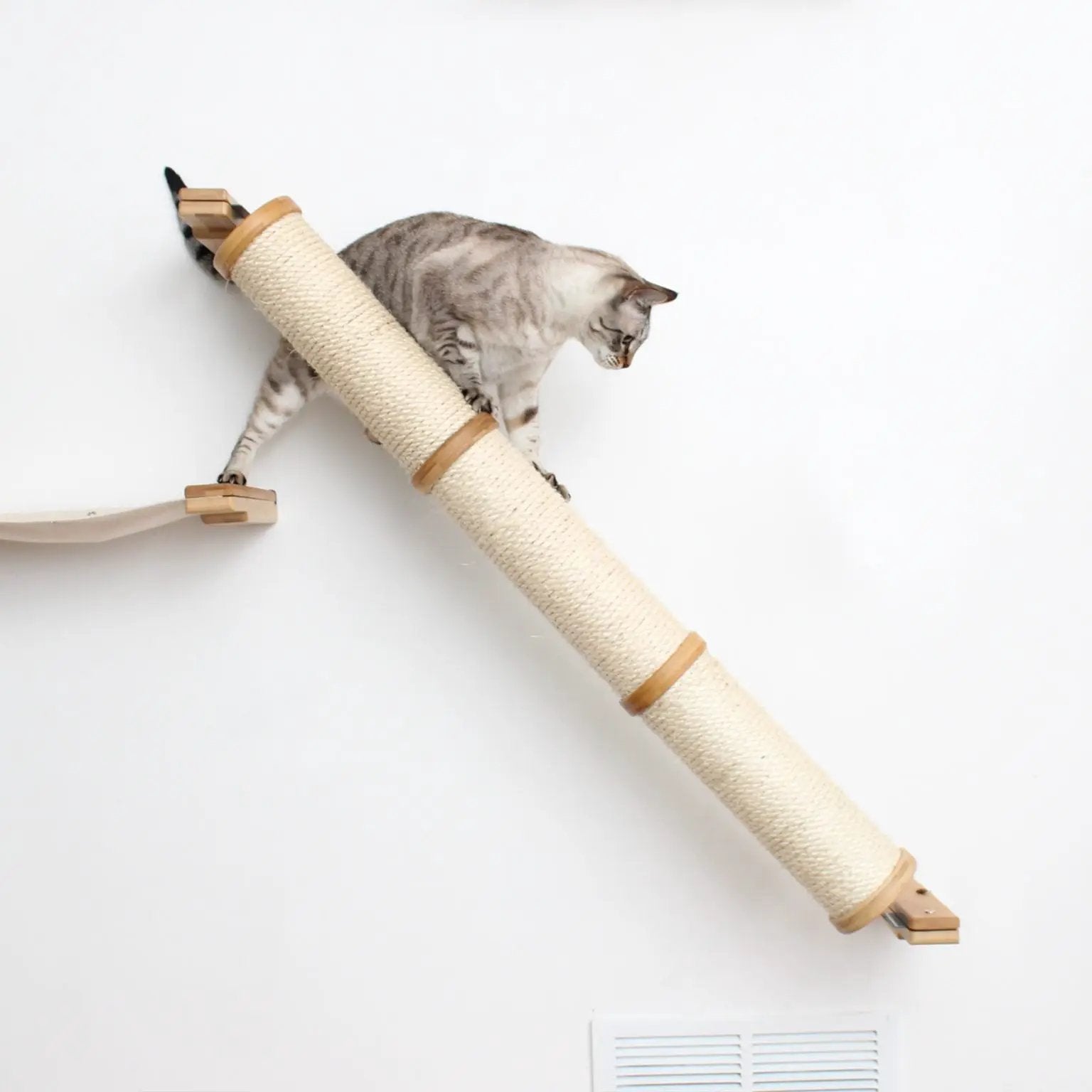 Slanted Cat Scratcher for Wall by Catastrophic Creations; beige sisal-wrapped wall-mounted cat scratcher.