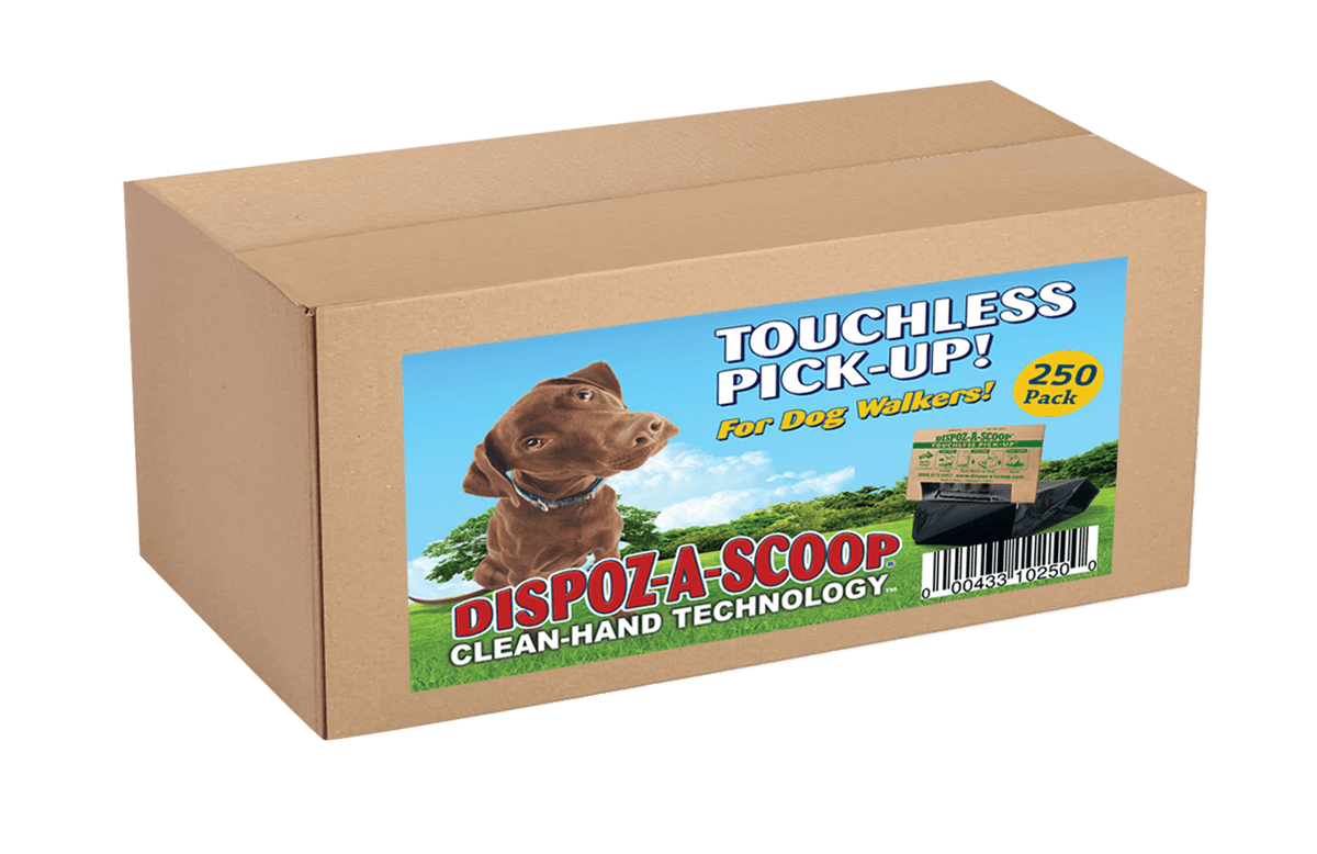 Dispoz-A-Scoop 250-pack by HealthPro LLC in a brown cardboard box with touchless pick-up label for dog walkers