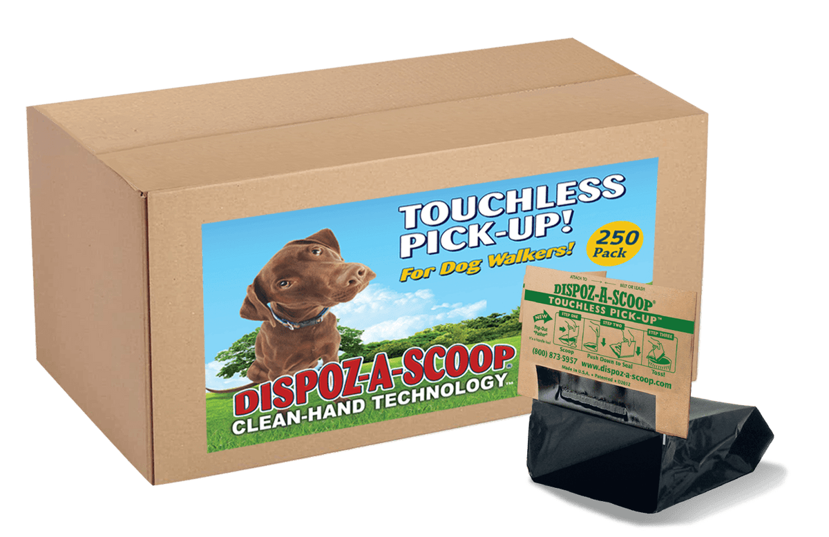 Dispoz-A-Scoop 250-pack by HealthPro LLC, touchless pickup for dog walkers.