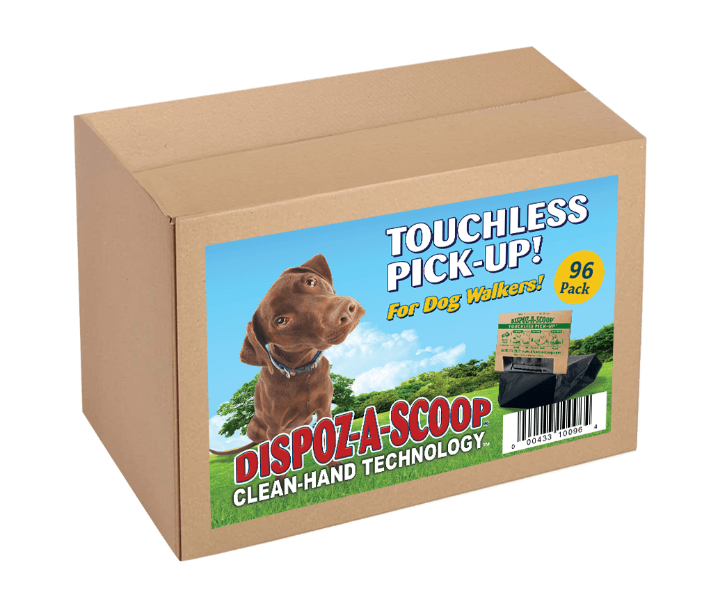 Dispoz-A-Scoop 96-Pack box; touchless dog-waste pickup with a brown dog graphic