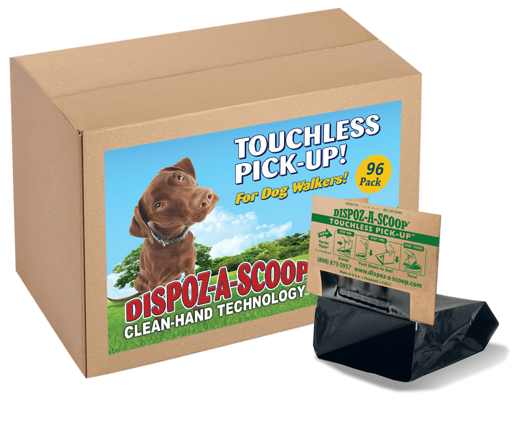 Dispoz-A-Scoop 96-Pack by HealthPro LLC – touchless dog-waste pick-up bags in a cardboard box.
