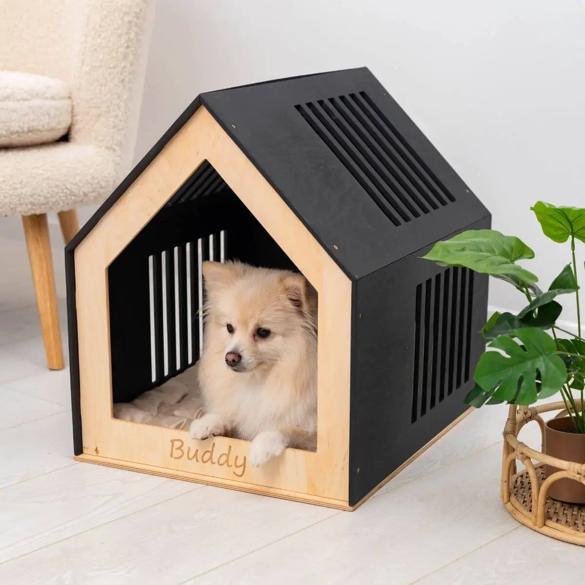 PawComforts Premium Dog House Bed With Soft Hypoallergenic Cushion For Indoor Wooden Abode Rest by Enjoy The Wood