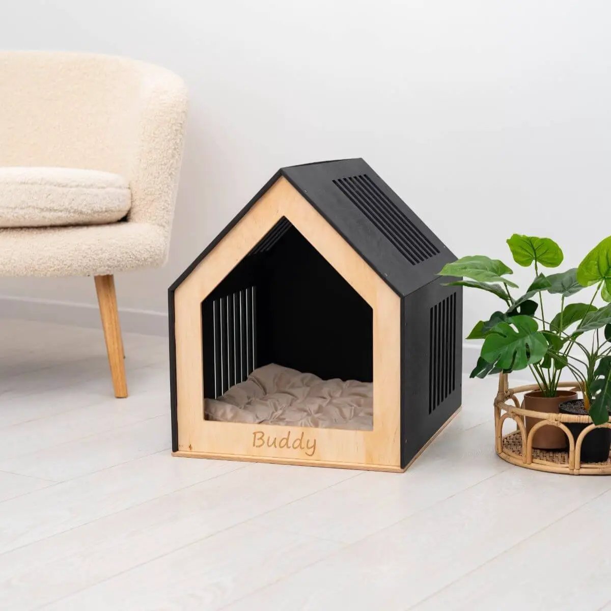 PawComforts Premium Dog House Bed With Soft Hypoallergenic Cushion For Indoor Wooden Abode Rest by Enjoy The Wood