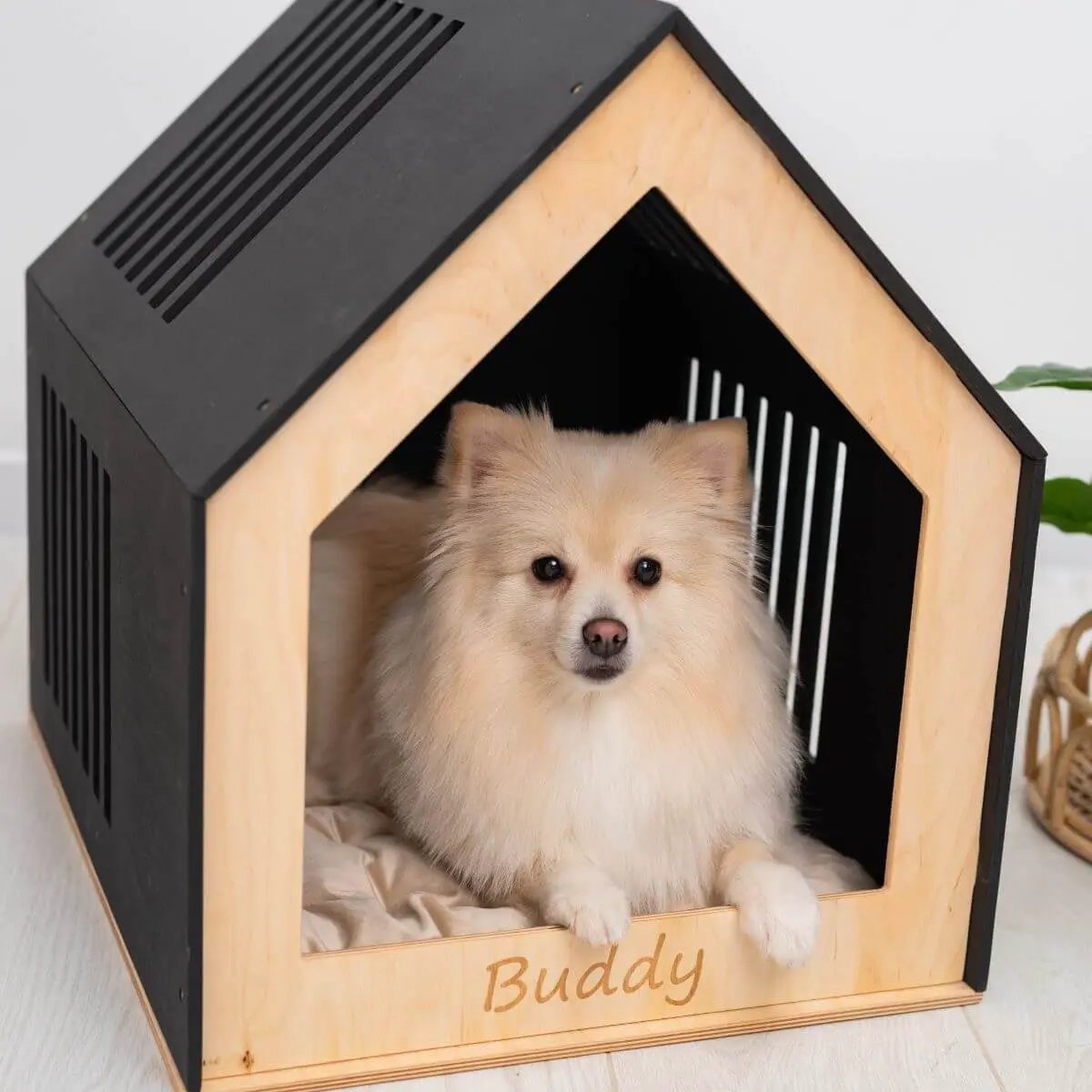 PawComforts Premium Dog House Bed With Soft Hypoallergenic Cushion For Indoor Wooden Abode Rest by Enjoy The Wood