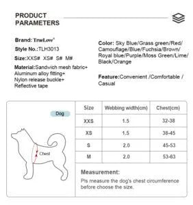 TrueLove Air Mesh Dog Harness TLH3013 – Fuchsia – size chart