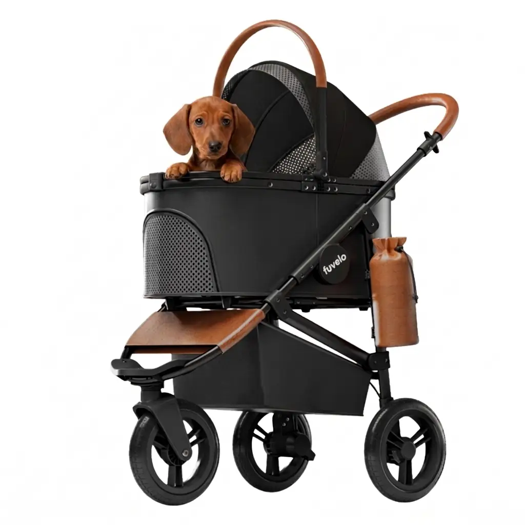Furvelo Jogger Pet Stroller in black with brown faux-leather accents; dog inside