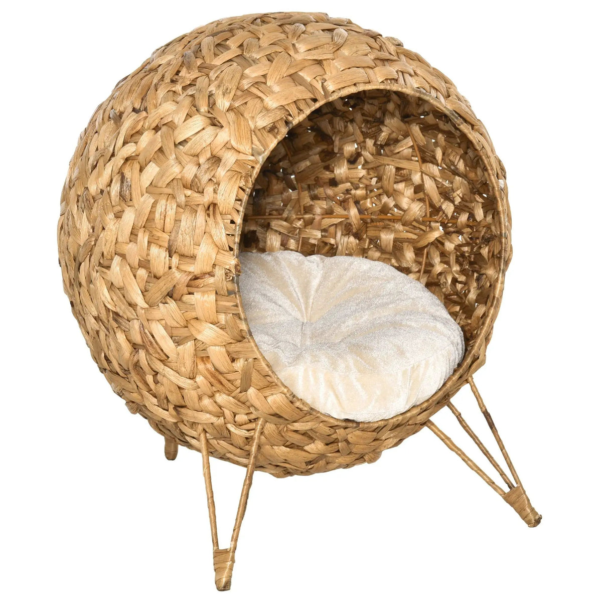 Cozy elevated cat bed, handcrafted woven brown wicker condo with soft beige cushion
